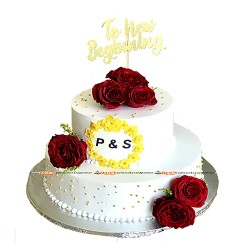 Two tiered Wedding Cake with Elegant Cake Topper & Fresh Roses - 8 lbs