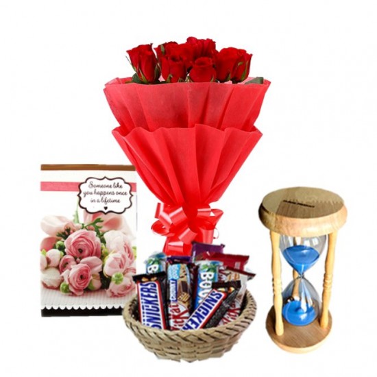 Hourglass Sand Timer +Chocolates +Someone Like You Card+ Red Rose Bouquet