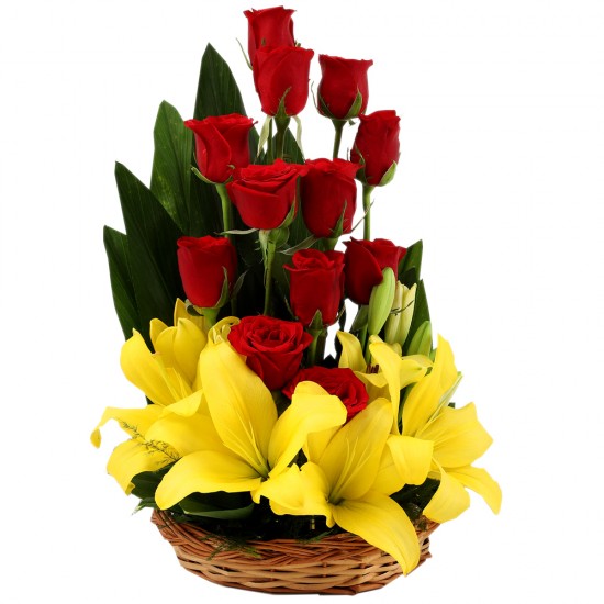 Asiatic Lilies & Red Roses  Basket Arrangement