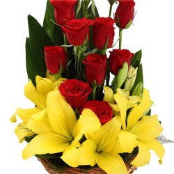 Asiatic Lilies & Red Roses  Basket Arrangement Asiatic Lilies & Red Roses  Basket Arrangement