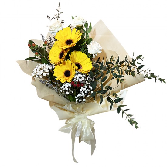 Yellow Gerbera and White Roses Bouquets