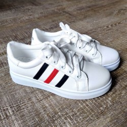 White Shoes with Black & Red stripes