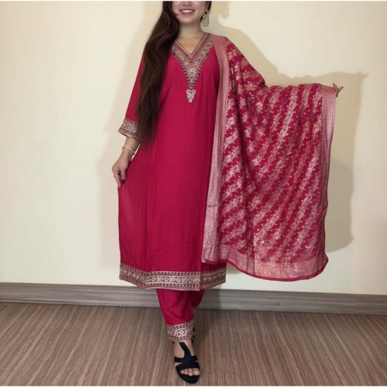 Avni Pink Embroidered Kurta Set with Brocade Dupatta