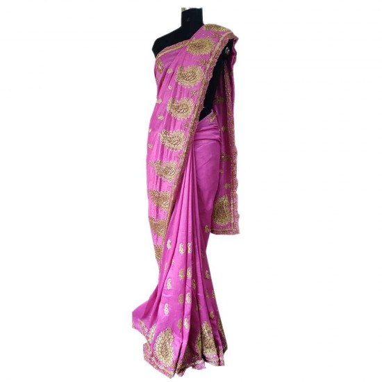 Pink Jute Silk Embroidered Saree