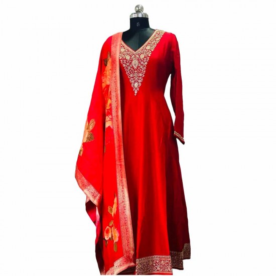 Red Silk Anarkali Kurta with Bag