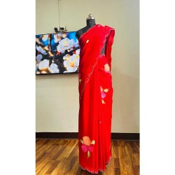 Red Floral Printed Chiffon Saree