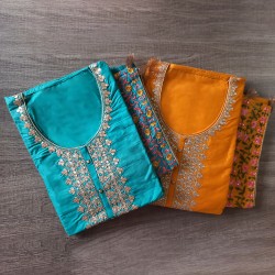 Yellow Plain  Silk Kurta with Embroidered Neckline Kurta