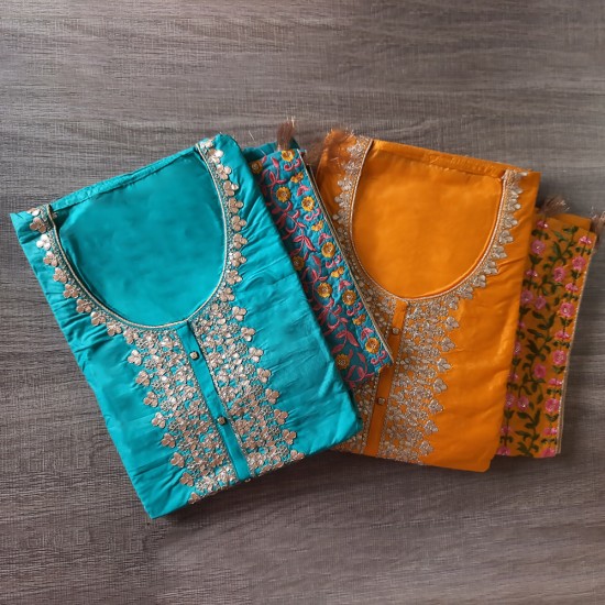 Yellow Plain  Silk Kurta with Embroidered Neckline Kurta