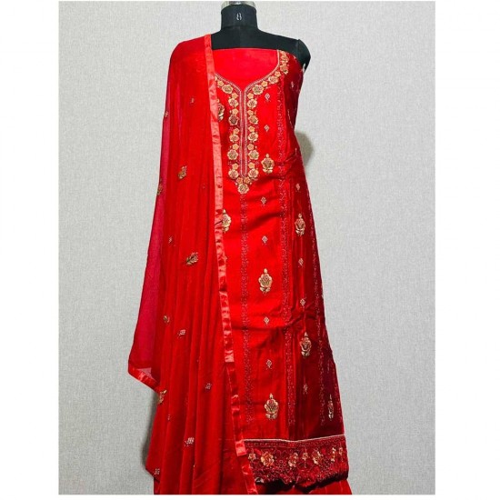 Red Unstitched  Cotton Kurta