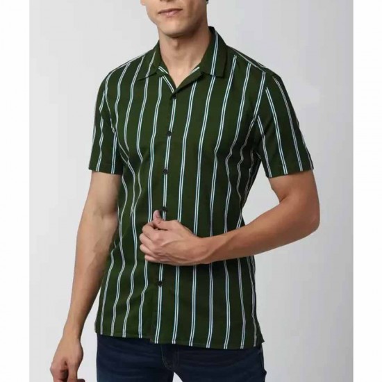 Peter England Green Super Slim Fit Stripe Half Sleeves Casual Shirt