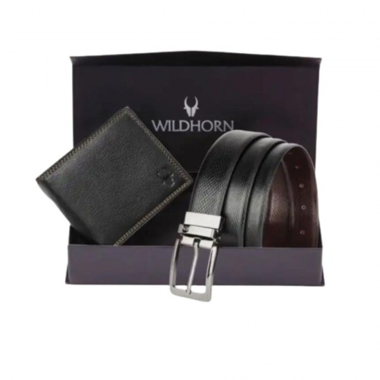 WILDHORN  Black Leather Wallet and Reversible Formal Black and Brown Belt Men Combo