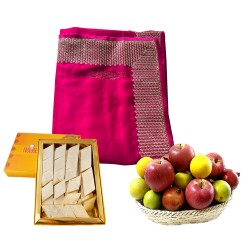 Pink Saree with fruits basket & kaju barfi