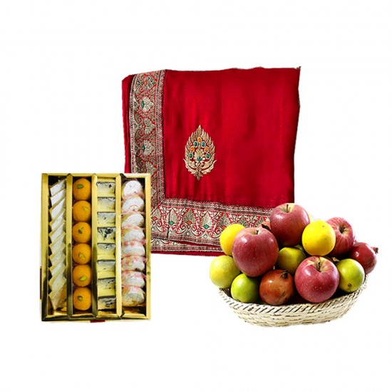 Red Silk Saree with Mithai & Fruits