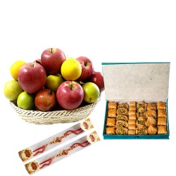 Fruit Basket with Baklava Gift Box & Rakhi Fruit Basket with Baklava Gift Box & Rakhi