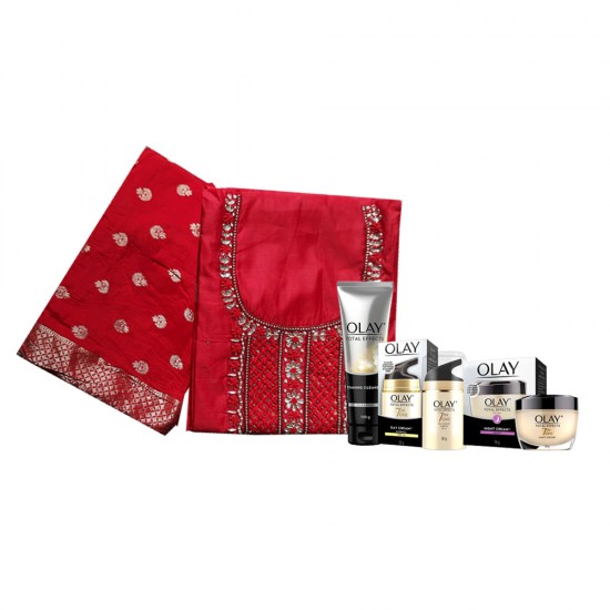 Red Chanderi Silk Kurta with  Olay Skincare Set