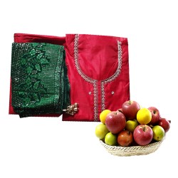 Red Chanderi silk Kurta with Fruits Basket